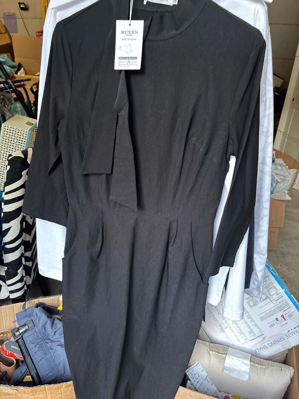 Muxxn Women's Black Long Sleeve Mock Neck Midi Dress with Pockets Size L